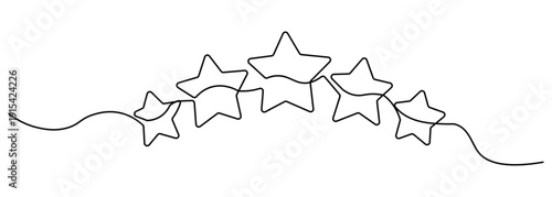 Continuous line drawing of five stars for rating, quality, and customer feedback concept