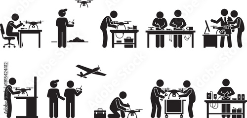 Drone technician and operator icons set, black silhouette professionals assembling repairing flying and programming UAV equipment