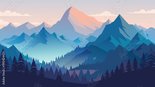 Mountain landscape vector illustration with trees and sunset