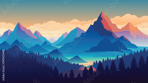 Mountain landscape vector illustration with sunset