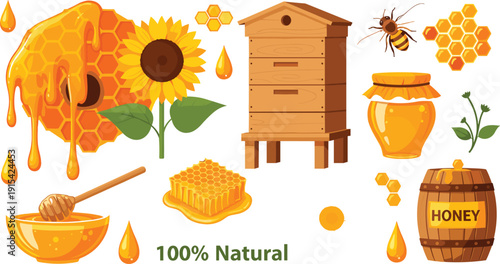 Natural Honey Production Vector Set with Beehive, Honeycomb, Sunflower, Jar, Dipper and Organic Beekeeping Illustration Elements