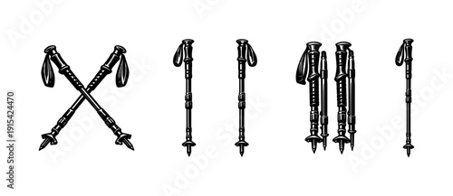 Trekking poles flat vector icons set: walking sticks, hiking, outdoors equipment collection