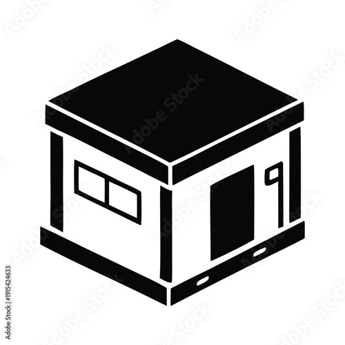 Minimalist isometric vector illustration of a compact building structure, featuring a simple door and window, ideal for architectural concepts, real estate graphics, or modern design projects