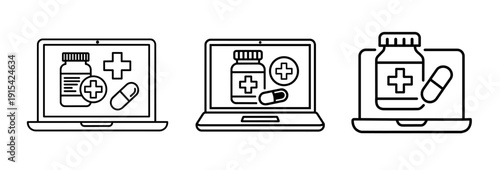 Online Pharmacy Line Icon – Laptop with Pill Bottle and Medical Cross, Digital Healthcare
