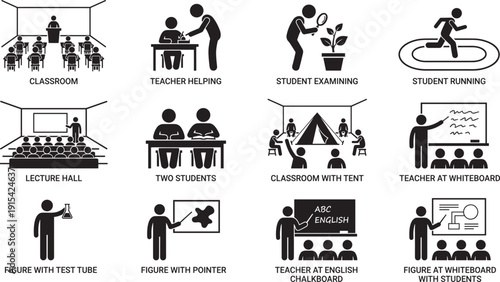 Education and classroom silhouette icons set, teacher students learning school activities isolated on white background illustration