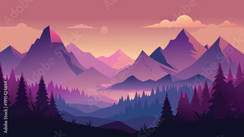 Mountain landscape vector illustration with trees and sunset