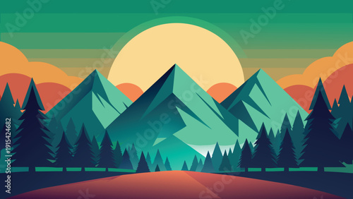 Vector mountain landscape with sun and trees
