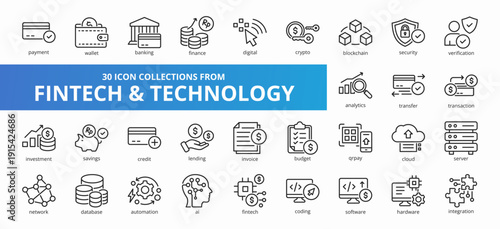 Set of 30 collection of fintech and technology icons suitable for web and mobile application. Set of outline style icons with payment, wallet, banking, finance, digital, and more icons.
