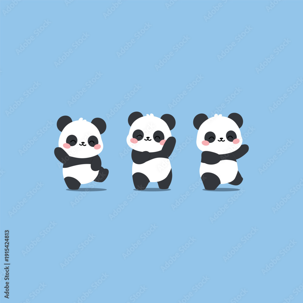 Obraz premium Cute three pandas dancing flat design style, vector illustration
