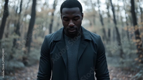 Man Standing in Autumn Forest With Falling Leaves, Reflective Mood