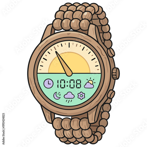 Kawaii Solarpunk Smartwatch with Integrated Traditional Sundial - Renewable Wearable Vector