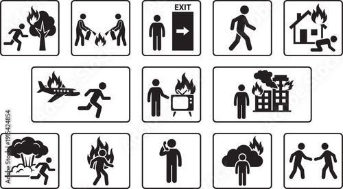 Emergency and fire evacuation silhouette icons set, disaster safety isolated on white background illustration
