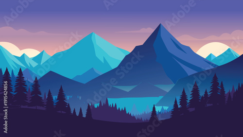 Mountain landscape vector illustration with trees and sunset