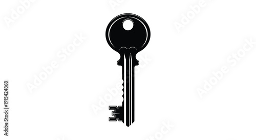 A stark black silhouette of a traditional house key against a plain white background showcasing simple form silhouette