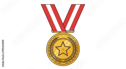 Golden award champion trophy and first place winner medal with red ribbon on white background as a symbol of success and victory