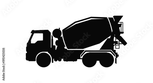 A stark black silhouette of a concrete mixer truck stands prominently against a bright white background silhouette