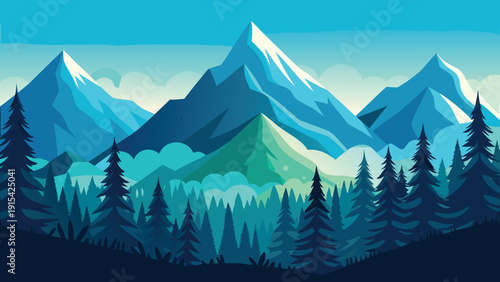 Mountain landscape vector illustration with trees