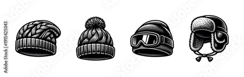Winter headwear flat vector icons set: beanies, knit caps, and warm hats collection