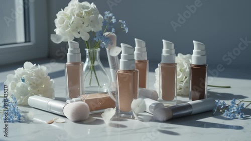 Assortment of Foundation Bottles and Makeup Brushes Artfully Arranged With Delicate Flowers