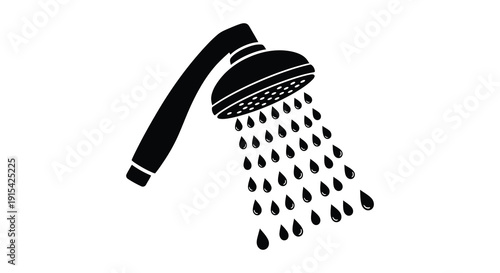 A simple graphic depicts a showerhead releasing water droplets in a minimalist black silhouette high quality professional detailed