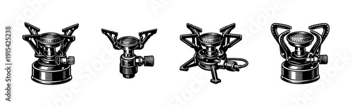 Camping stove flat vector icons set: portable hiking, cooking burners, and outdoor gear