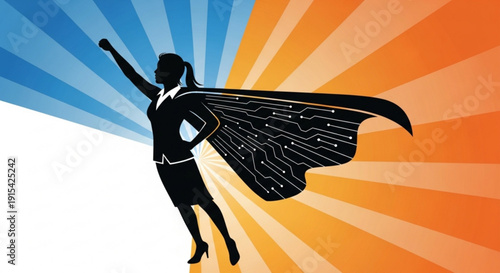 Empowered businesswoman in superhero pose with cape flying against vibrant sunburst background