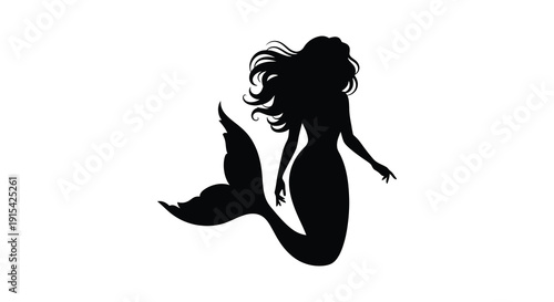 A striking black silhouette depicts a mythical mermaid with flowing hair and a detailed tail silhouette high quality