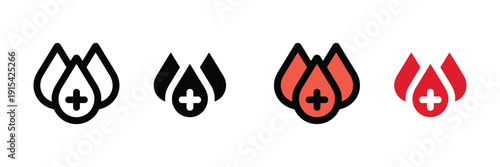 Blood drops with plus cross icon vector. Medical symbol for blood donation, healthcare clinic, emergency surgery, and laboratory test set. Vector Illustration.