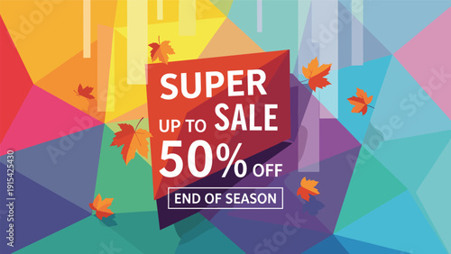 Dynamic super sale promotional banner offering up to fifty percent off on an autumn themed geometric background with falling leaves.