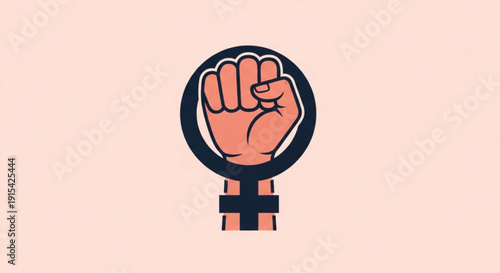 Female empowerment symbol with raised fist and venus sign on pink background representing feminism and women's rights