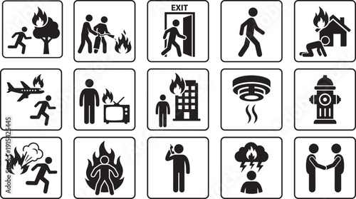Fire emergency and safety evacuation icons set, disaster rescue prevention warning symbols vector illustration collection