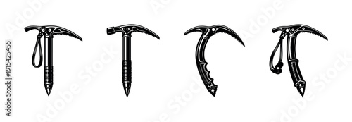 Ice climbing tools flat vector icons set. mountaineering gear collection. alpine equipment graphics