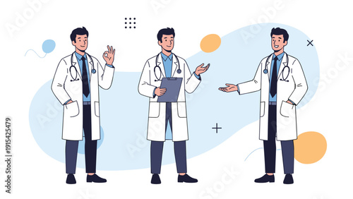Professional male doctor character set demonstrating various poses including giving an okay sign and holding a medical clipboard for healthcare.