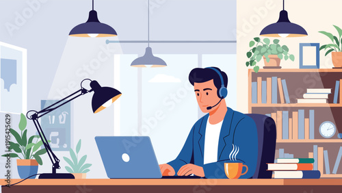 Focused professional man wearing a headset while working on his laptop at a well organized desk in a cozy home office environment.