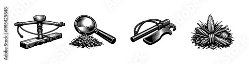 Medieval objects flat vector icons set: crossbow, magnifying glass, axe, and wood bundle illustrations