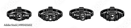 Headlamp flat vector icons set: headlight and flashlight symbols for outdoor gear