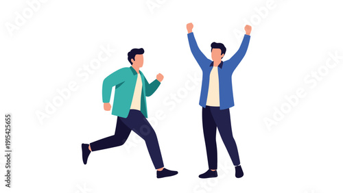 Two energetic businessmen celebrating a shared victory with arms raised in excitement and one man running towards his colleague happily.