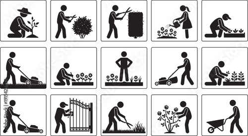 Gardening and landscaping worker icon set, black silhouette garden maintenance tools lawn care collection