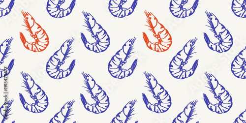 Seamless mediterranean shrimp pattern inspired by coastal cuisine and seaside markets. Blue and red prawns create a bold marine repeat ideal for fabric, wallpaper and packaging design.