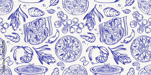 Seamless mediterranean pattern featuring italian cuisine icons: pizza slices, pasta, lemons, olives, tomatoes, shrimp, herbs and plates. Ideal for wallpaper, fabric, packaging menu cover and branding.