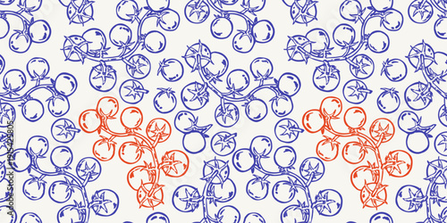 Seamless mediterranean tomato pattern with cherry tomatoes on the vine in blue and red. Fresh summer produce motif for fabric, wallpaper, packaging, menus and kitchen branding. Perfect for cafes