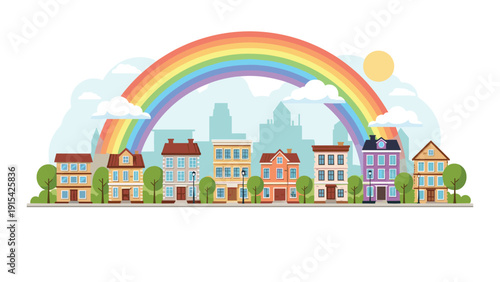 Charming row of colorful multi story townhouses in a suburban neighborhood under a vibrant rainbow and sunny sky.