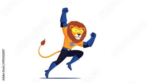 Courageous super lion character dressed in a superhero costume jumping high into the air with a determined expression of strength.