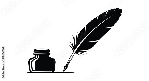 A classic still life depicts a dark inkwell alongside a feathered quill pen creating a striking silhouette