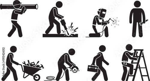 Industrial construction worker silhouette icon set, builder tools equipment isolated on white background illustration