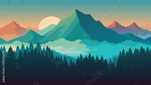 Mountain landscape vector illustration with sunset