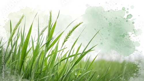 Vibrant green grass blades sway gently in a soft light, with a painterly watercolor background creating a serene and natural abstract scene