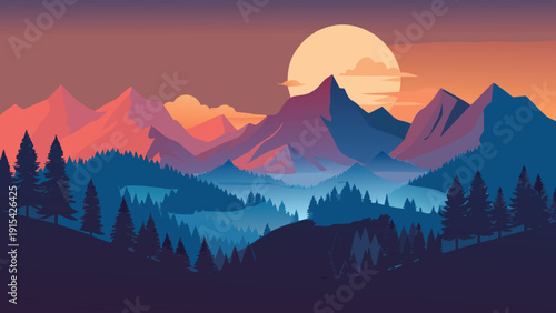 Sunset mountain landscape vector illustration