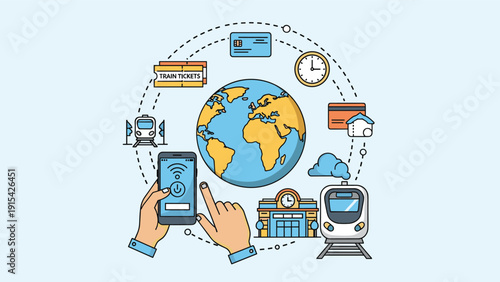 Hands holding a smartphone to book international train tickets digitally with icons of trains and stations around a globe.