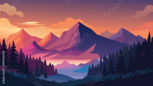Mountain landscape vector illustration with sunset